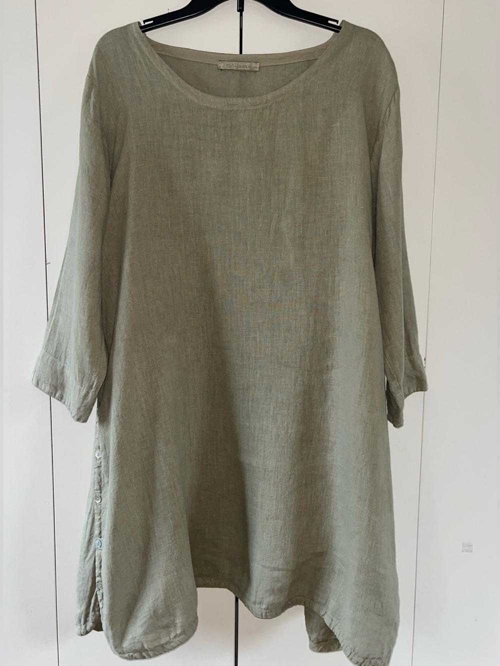 Cut Loose 100% Linen Long Sleeve Dress Tunic Top Olive Lagenlook Button Side L